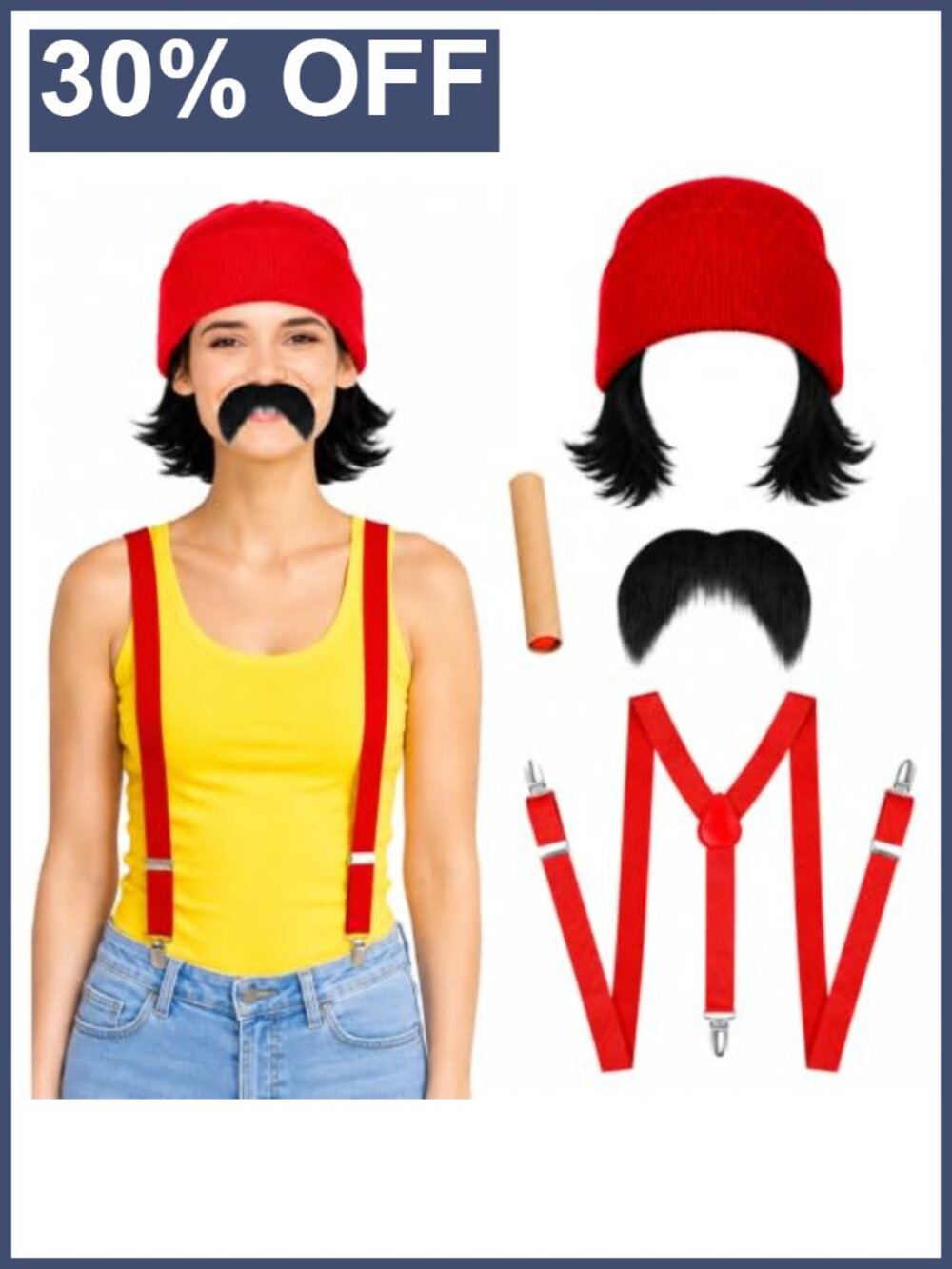 Comedian Costume Set Wig Beanie Suspenders Fake Mustache Halloween Party